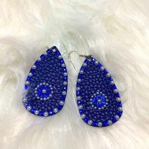 Faux Leather Teardrop Earrings Covered in Rhinestones. Handmade